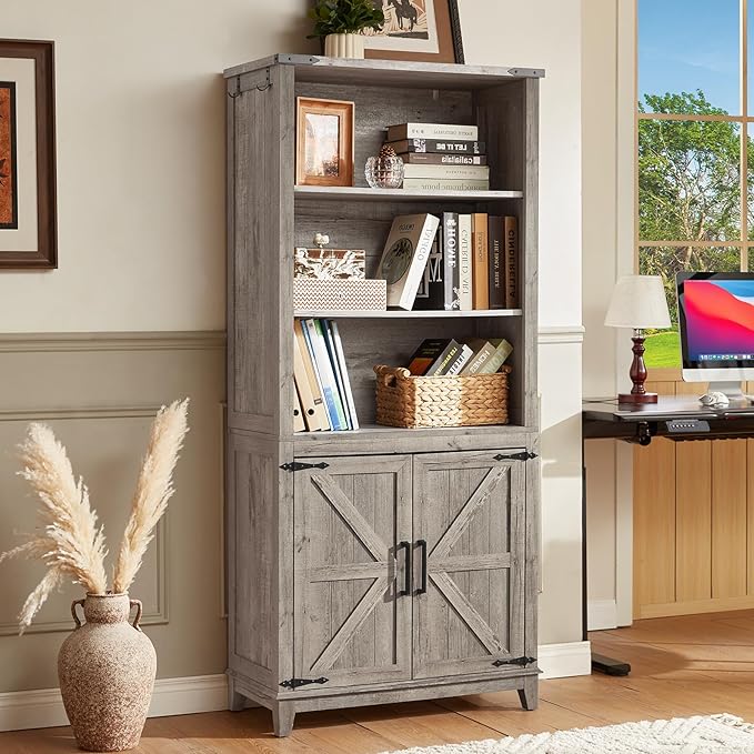 70in Tall Bookshelf 5 Tier Bookcase with Barn Doors and Adjustable Shelves, Grey Farmhouse Book Shelf with Storage Cabinet, Wood Freestanding Display Bookshelves for Bedroom, Living Room