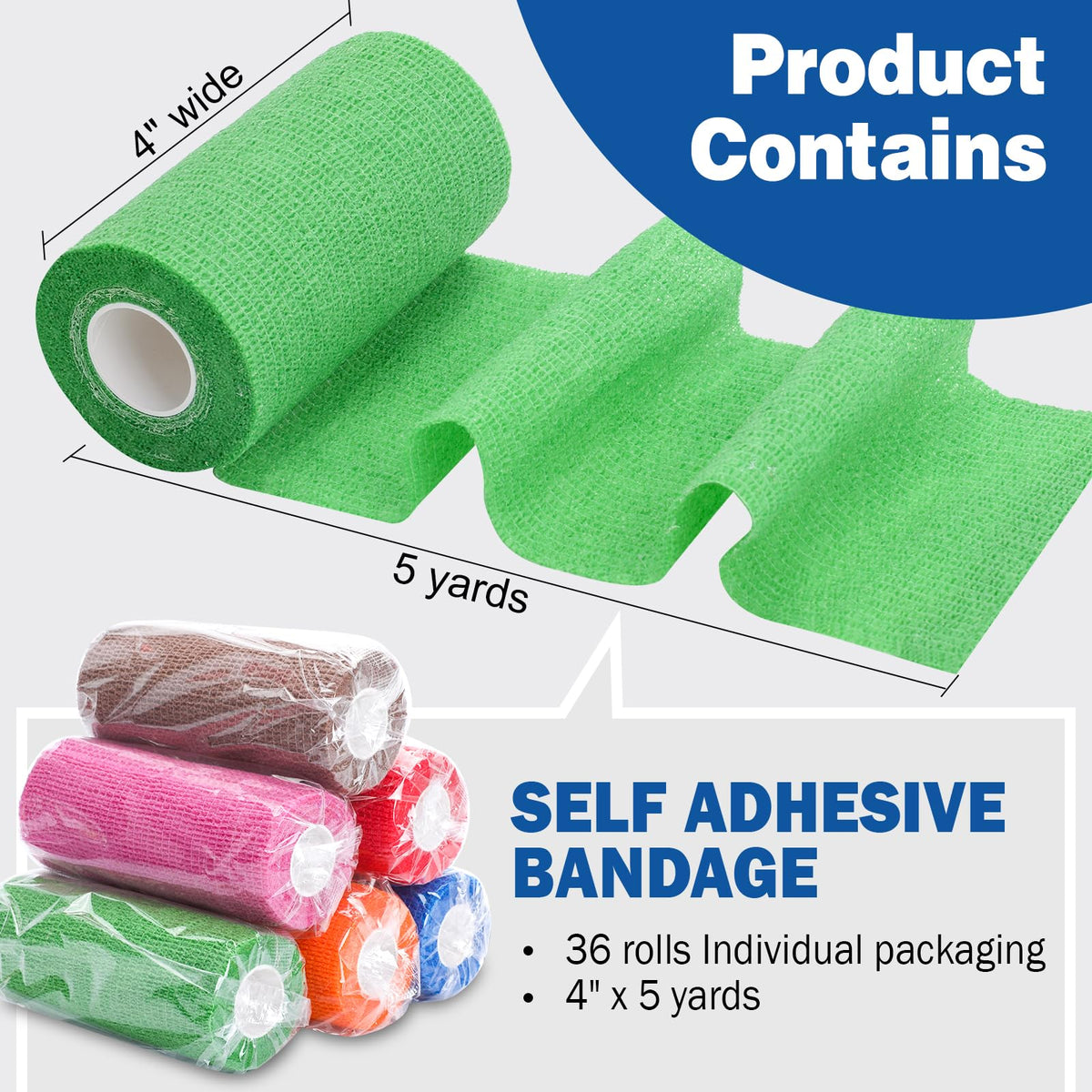 AZEN 36 Pack Self Adhesive Bandage Wrap, 4" X 5 Yards Elastic Cohesive Bandage Wrap, Color Athletic Tape, Tattoo Grip Tape Wrap, Vet Wrap, Ankle Tape