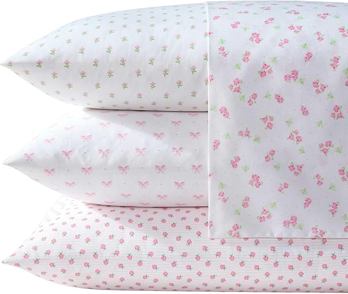 Laura Ashley - Kids Sheet Set, Ultra-Soft & Breathable Toddler Bedding with Matching Pillowcases, Wrinkle-Resistant, Ideal Girl Room Essentials (Sweet Lady Bugs Pink, Queen)