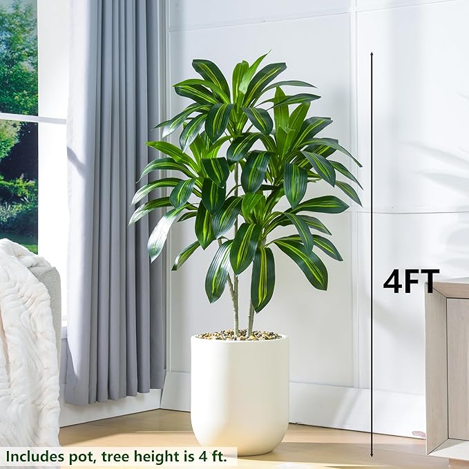 2 Pack Artificial Dracaena Plant Indoor 4FT Fake Tree Tall Floor Plants with White Planter, Artificial Yucca Tree for Home Office Living Room Bedroom Farmhouse Outdoor Topiary Tree