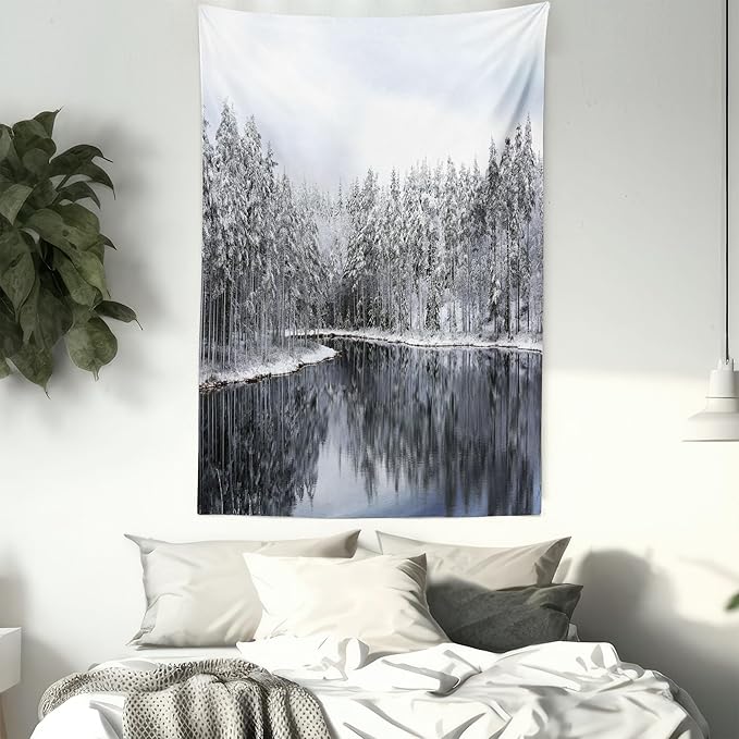 Ambesonne Woodland Tapestry, Lake Surrounded by Snow Covered Trees on a Cold Winter Day in Finland Reflections, Fabric Wall Hanging Decor for Bedroom Living Room Dorm, 23" X 28", White Brown