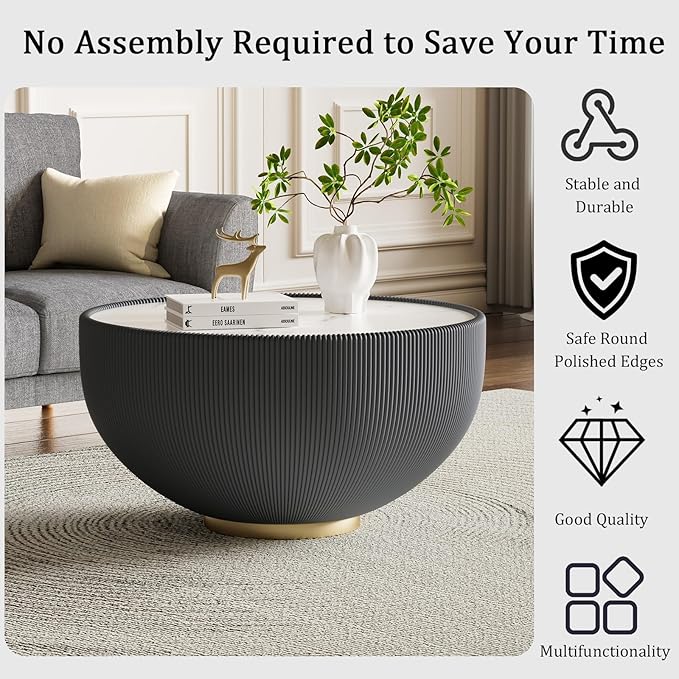 Grey Round Coffee Table with Sintered Stone Tabletop, 27.56" Drum Coffee Table with Fluted PU Leather Covered and Metal Base, Circle Cocktail Tea Table for Living Room
