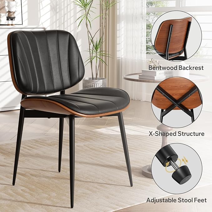 Mid Century Modern Dining Chairs Set of 8, Upholstered Faux Leather Kitchen Dining Room Living Room Chairs, Walnut Wood Bentwood Back and Metal Legs, Black