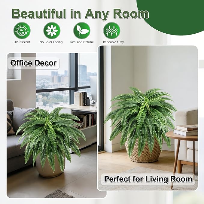 ALAGIRLS Set of 2 45 Inch Artificial Boston Fern Bush with 55 Branches, Large Faux Ferns for Outdoors, Artificial Plants Suitable for Office & Living Room Decor, UV-Resistant（Pot is not Included）