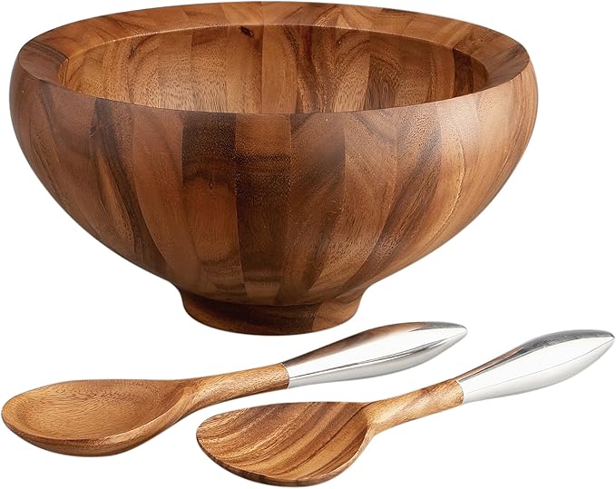 Nambé Yaro Salad Bowl Set – 14" Acacia Wood Bowl with Alloy-Accent Servers, Smooth Sculpted Design & 4 QT Capacity – Elegant Tableware for Serving Salads, Meals & Entertaining Guests