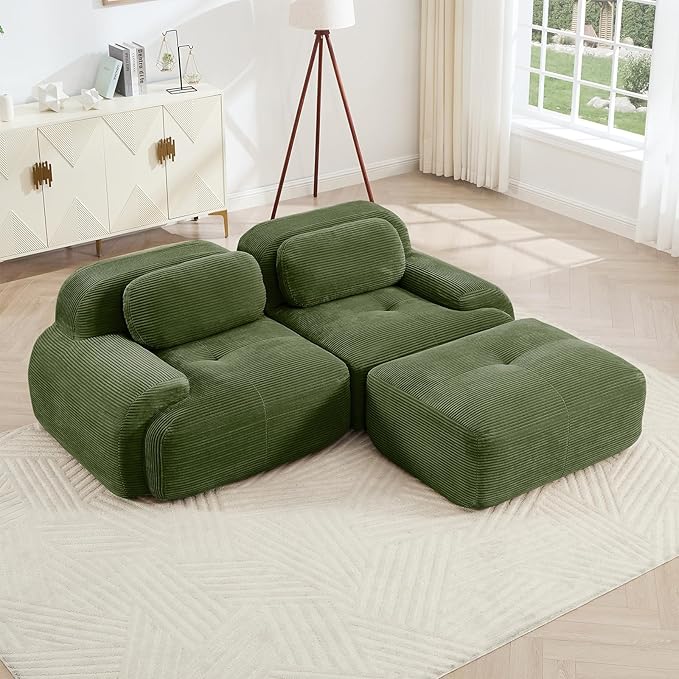 Green Ottoman for Modular Sectional Sofa, Corduroy Deep Seat for Oversized Compressed Boneless Sectional Couches for Living Room Bedroom Apartment, Cloud Sofa Couch, Memory Foam, No Assembly
