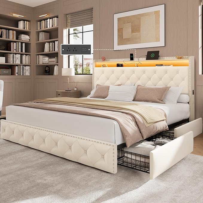 LARMACE Bed Frame King Size Platform Upholstered Bed Frame with 4 Storage Drawers Modern Velvet Tufed with Headboard USB Charging Station&Led Lights,No Box Spring Needed, Easy Assembly, Beige