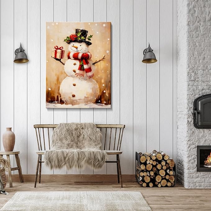 Rustic Snowman with Gift Box Christmas Canvas Wall Art - Humorous Winter Scene Framed Print for Bathroom & Bedroom Decor, Cozy Farmhouse Christmas Wall Art, Unique Christmas Gift & Festive Decoration