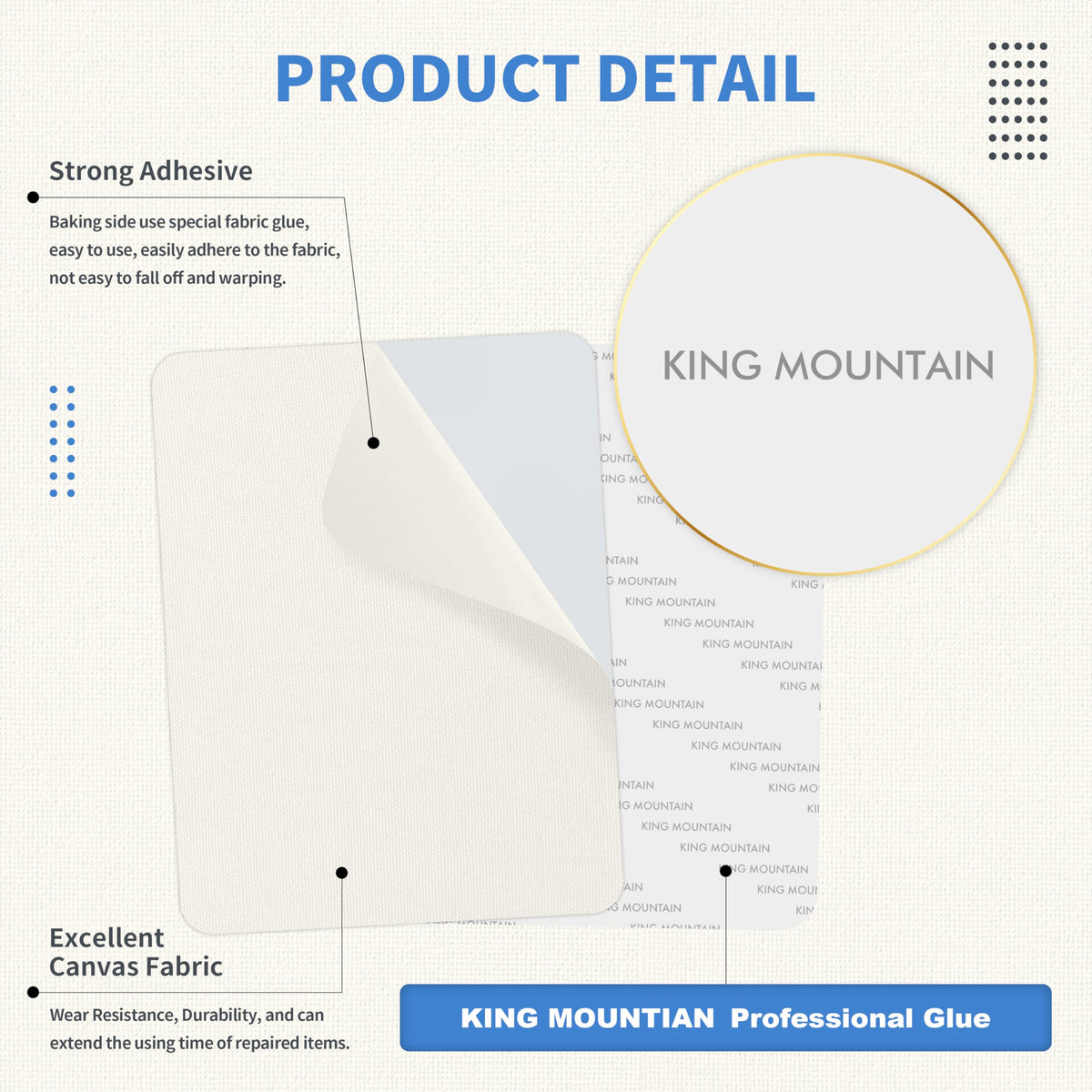 KING MOUNTAIN Canvas Repair Patch 5×8 Inch 8 Pcs Self-Adhesive Waterproof Fabric Patch for Sofas, Tents, Furniture,Tote Bags, Car Seats (Off White)