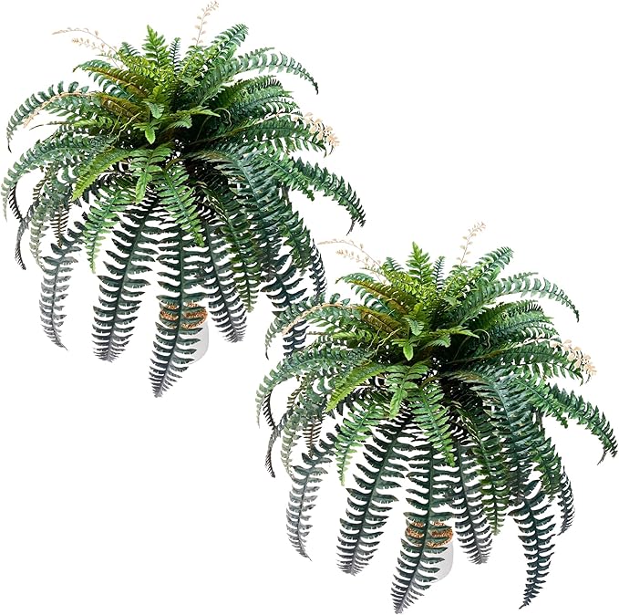 2pack 90 Branches Giant Artificial Boston Ferns for Outdoors Large–UV Resistant Lifelike Faux Fern, Realistic Silk Greenery Plants Large Office, Home Decor,48 Inch Fake Fern Leaf Green.No Base