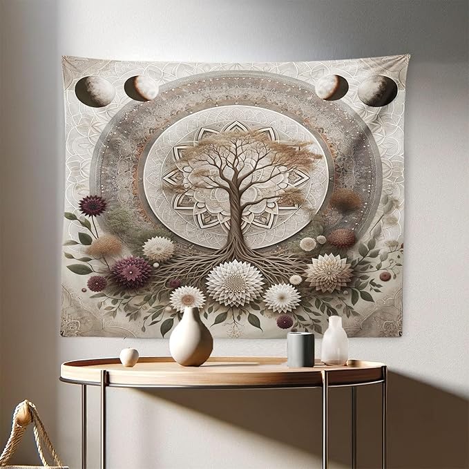 Ambesonne Moon Tapestry, Ethno Mandal Featuring Gentle Vines of Tree of Life and Flowers Boho Luna, Fabric Wall Hanging Decor for Bedroom Living Room Dorm, 28" X 23", Pale Mustard Eggplant