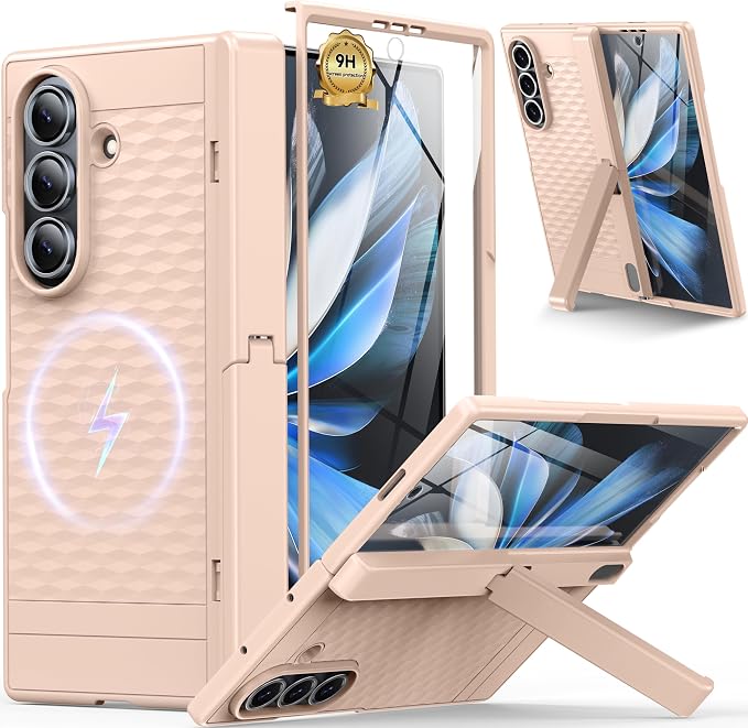 Magnetic for Samsung Galaxy Z Fold 7 Case+Screen Protector | [Hinge Protection] [Kickstand][Compatible with MagSafe] Full Body Protective Phone Case for Galaxy Z Fold 7 Gold