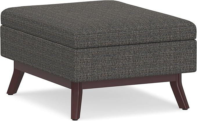 SIMPLIHOME Owen Coffee Table Storage Ottoman - 34 inch Wide Upholstered Tweed Look Fabric Rectangular Lift-Top Ottoman in Ebony, Mid-Century Modern Bench for Living Room with Tapered Legs
