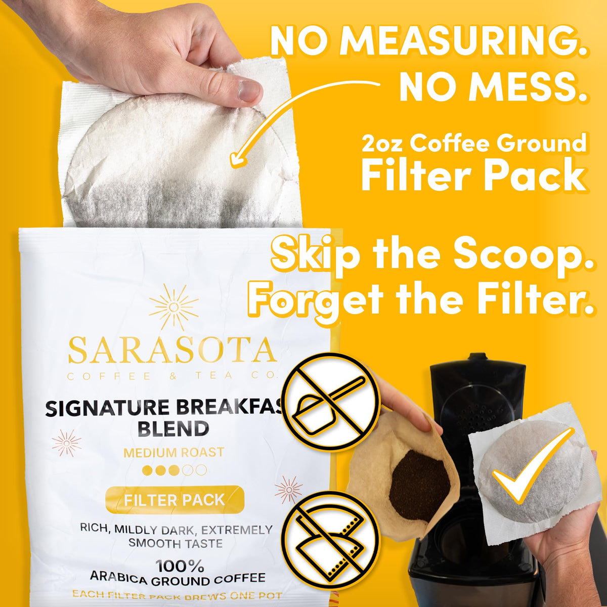 Breakfast Blend Coffee Filter Packs, 2 oz, 40 Count, Individually Packaged, Medium Roast, 3rd Party Tested Low Acid Mold Free Ground Coffee for 10-12 Cup Drip Coffee Makers