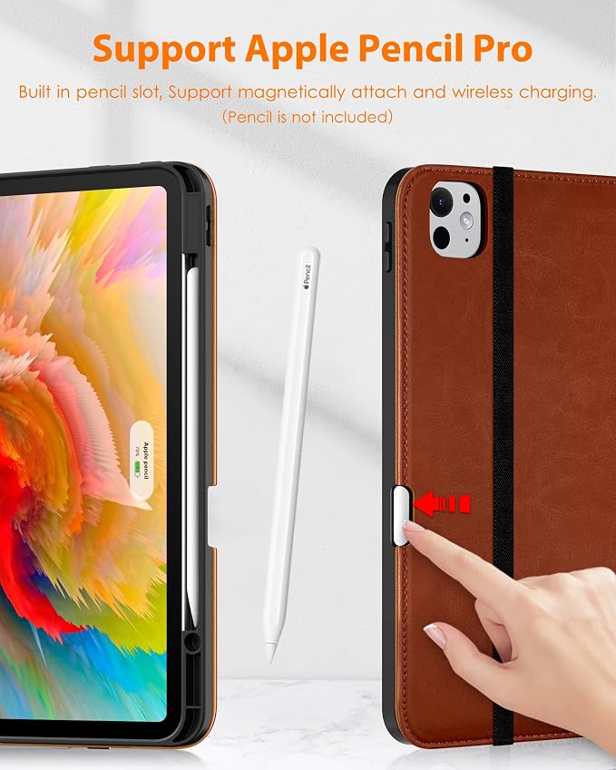 DTTO for iPad Pro 13 Inch Case (M5) 2025 / (M4) 2024 Brown | Premium Leather Business Cover with Pencil Holder Hand Strap &amp Pocket Corner Protection Auto Sleep/Wake Multiple Angles
