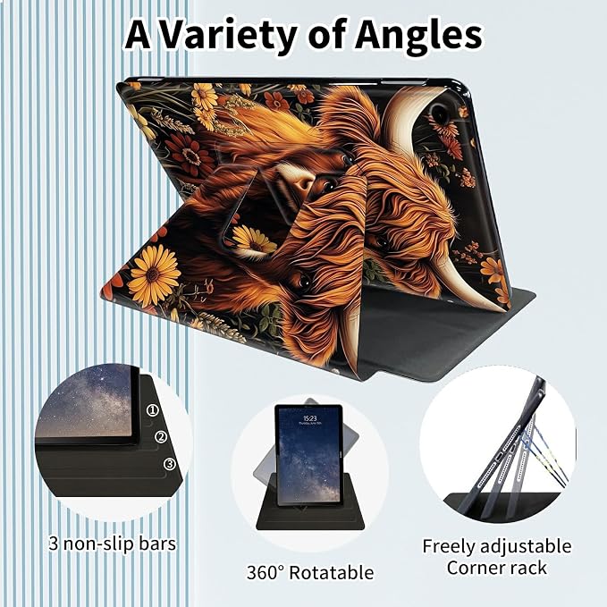 for Samsung Galaxy Tab A9 Plus Case 11 Inch 2024 2023 (SM-X210/X216/X218)360 Degree Rotating Smart Cover Case with Auto Sleep/Wake-Beautiful Highland Cow