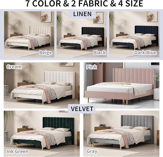 Queen Size Upholstered Platform Bed Frame with Modern Wingback & Vertical Panel Headboard, Linen Fabric, Wooden Legs & Slats Support, No Box Spring Needed, Noise-Free & Easy Assembly, Dark Blue