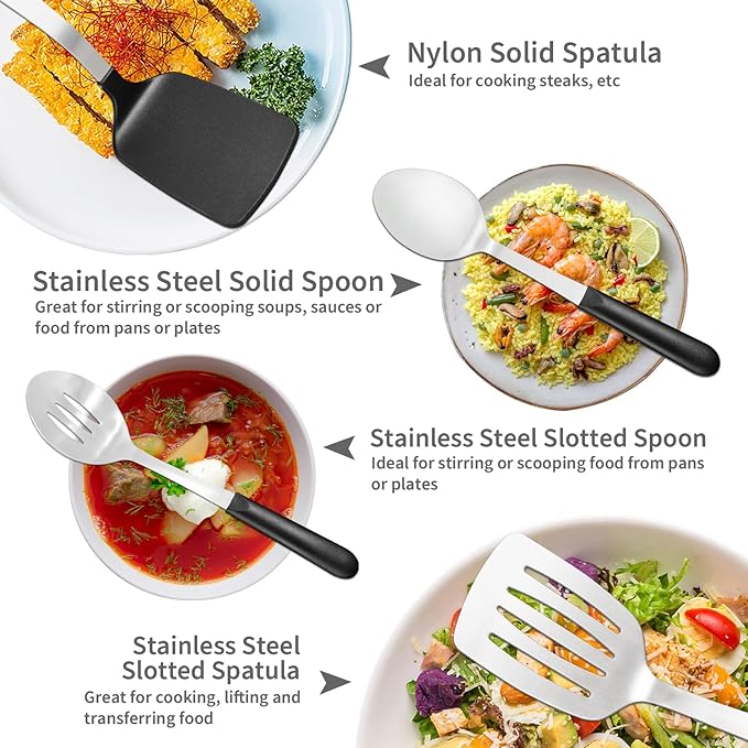 CuCut 4 Pcs Cooking Utensils Set, Stainless Steel Kitchen Utensils, Heat Resistant Metal Kitchen Tools Include Solid, Slotted Turner, Serving Spoon, Non-Stick Wok Spatula, Dishwasher Safe, Silver