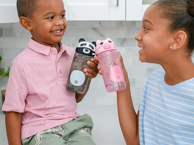 Ello Ellies 16oz Plastic Kids Water Bottle with Straw and Built-in Carrying Handle and Leak-Proof Locking Lid for School backpack, Lunchbox and Outdoor Sports, Panda