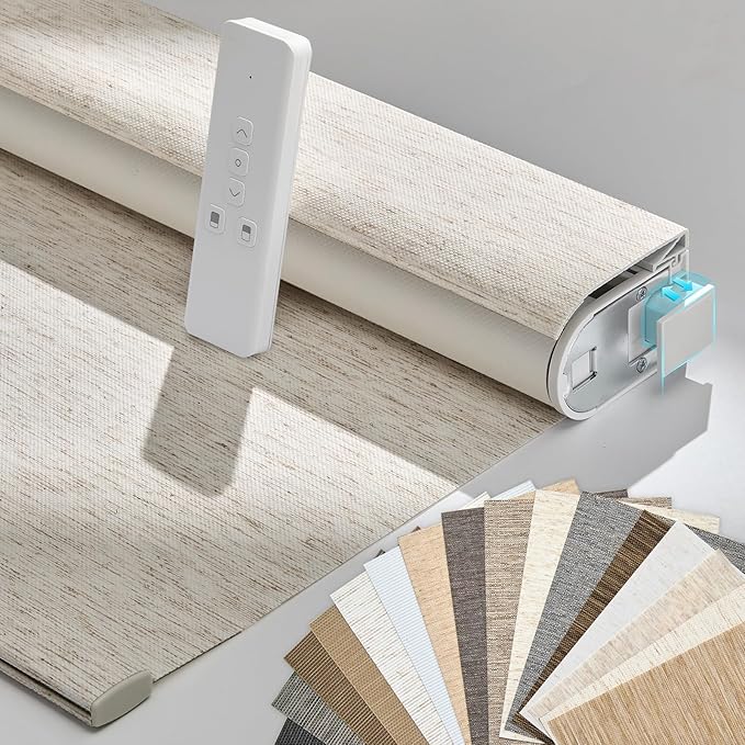 Persilux Smart Motorized Blinds with Remote, No Drill Automatic Roller Shades for Indoor Windows, Blackout Linen Fabric, Electric Blinds for Windows, Nature Cream C153BO-2, Custom Size