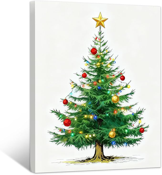 Framed Christmas Pictures Wall Decor,Vintage Pine Tree Prints,Winter Christmas Canvas Wall Art Decoration for Bedroom Bathroom Living Room Rustic Xmas Holiday Gifts (Christmas Tree 7, 16'' X 24'')