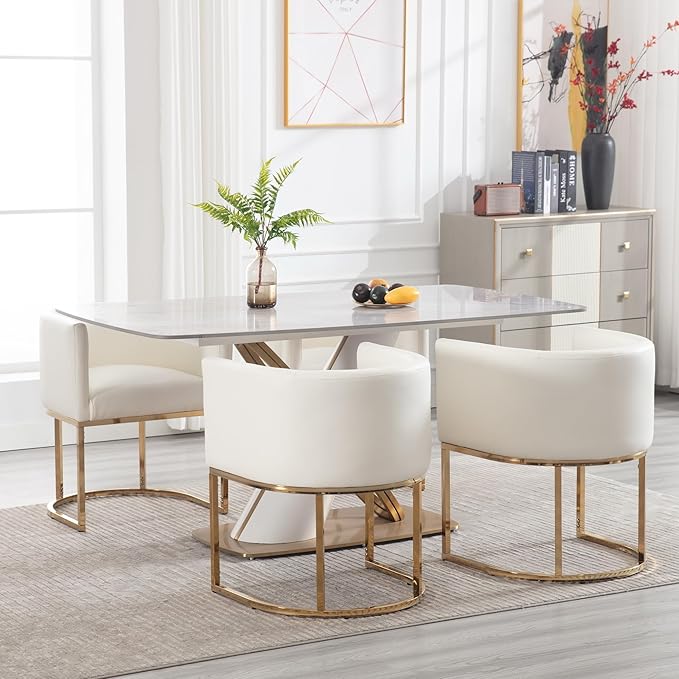 Faux Leather Dining Chair Modern Barrel Arm Chairs with Golden Metal Frame, Upholstered Kitchen Chairs 18.5" Wide Accent Chair for Living Room Dining Room Restaurant, White