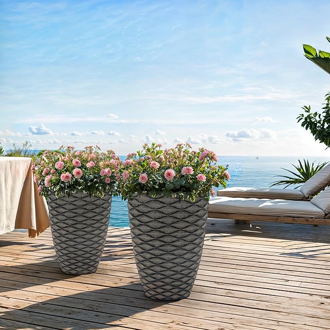 20" Tall Planters Set of 2, High-Density Resin Wavy Outdoor Pots for Plants, Versatile Indoor/Outdoor Flower Pots w/Drainage Holes for Patio, Garden, Porch & Living Room Decor, Ideal Gift