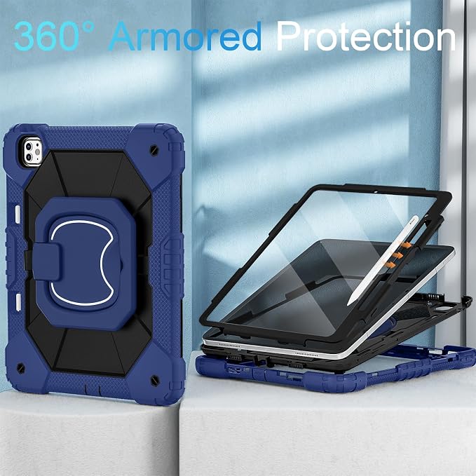 WESOROL Case for iPad Pro 13 Inch M5 2025 / M4 2024 (7th Gen) with Screen Protector/360° Rotating Stand/Pencil Holder/Shoulder StrapMilitary Grade Shockproof iPad Case 13 Inch iPad Pro M5/M4Black