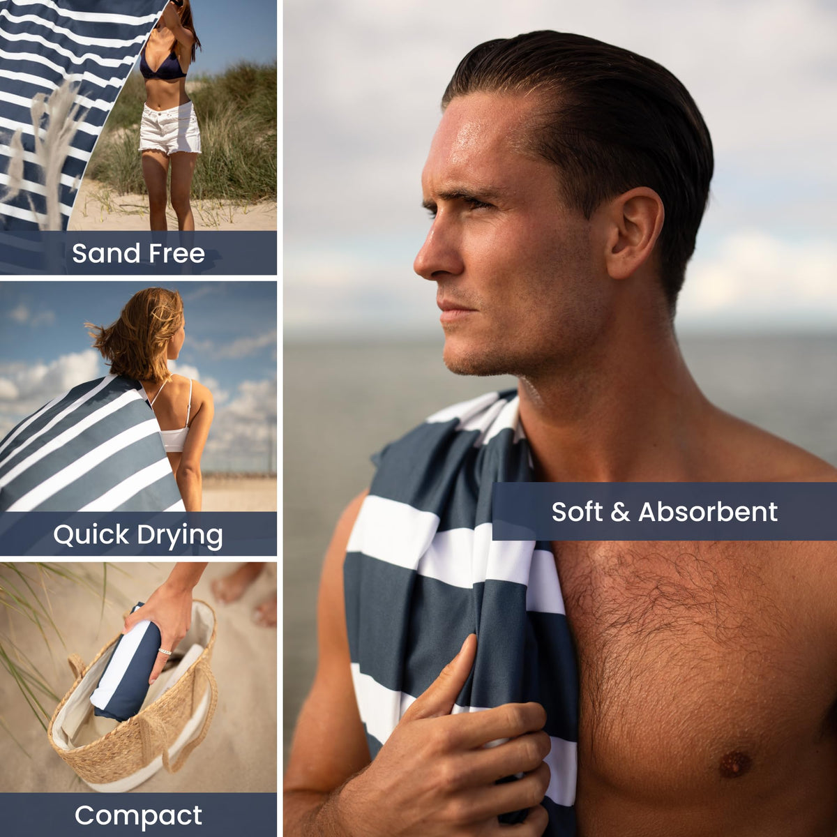 SummerSand Microfiber Beach Towel Extra Large (79 x 39.5 in) - Quick Dry, Sand Free - Compact and Lightweight for Travel - Recycled Materials - Travel Bag Incl - Oversized Pool Towel – Deep Blue
