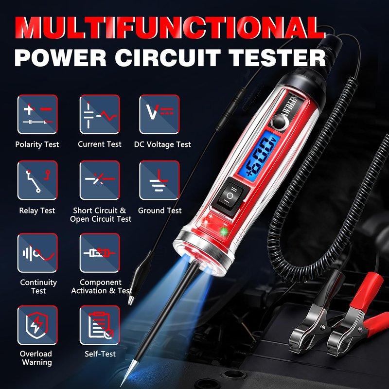 AWBLIN Power Circuit Probe Tester, LCD Digital Automotive Test Light with Voltage Display&Illumination, DC Voltage Tester, Electrical System Tool, Relay Fuse Continuity Current Test.