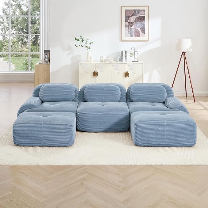 116" Modern Compressed Boneless Couch with Ottoman, 3 Seater Large U Shaped Sectional Couches for Living Room, Blue Corduroy Cloud Modular Sectional Sofa, Memory Foam, Extra Deep, No Assembly