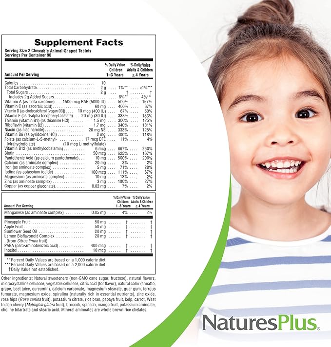Natures Plus Animal Parade Children's Chewable Multivitamin - 180 Animal-Shaped Tablets, Pack of 3 - Natural Assorted Flavors - Vegan, Gluten Free - 270 Total Servings