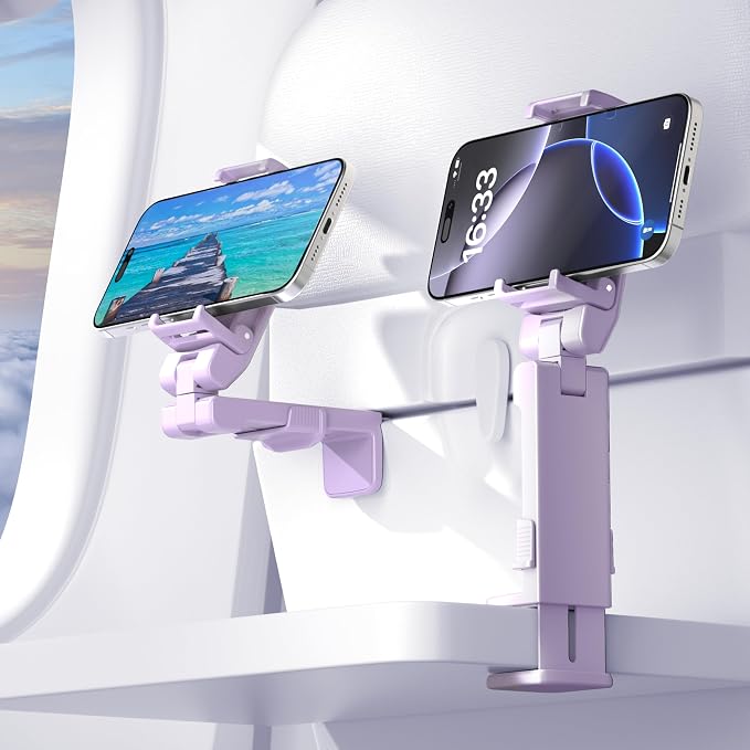 Perilogics Gen 2 Airplane Phone Holder Mount Travel Essential Phone Stand | Upgraded Silent Hinge 360° Adjustable Compact Size Wider Clamp Fits iPhone Android &amp Gaming Devices