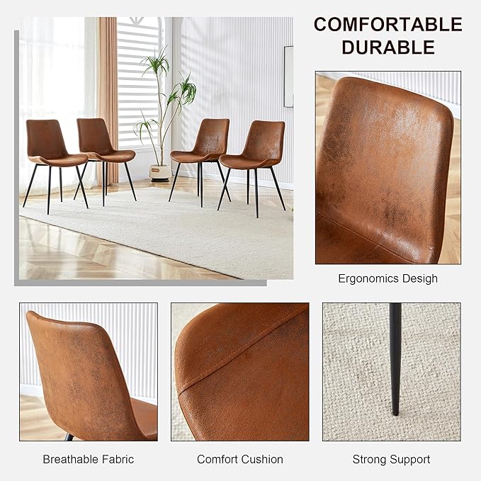 Modern Dining Table Set for 4, 50" Sintered Stone Kitchen Table and 4 Upholstered Suede Leather Chair Dining Room Table Set for 4(1White Table and Brown Chairs Set of 4)