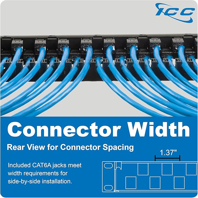 ICC 24-Port CAT6A Keystone 1U Patch Panel with CAT6A Keystone Jacks, 19” Rackmount Housing and Cable Support Bar, Staggered Ports to Reduce ANEXT, UL Listed PoE++ Compliant, ICMPP246AU