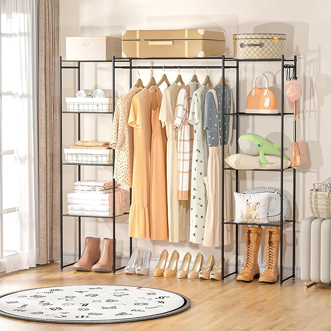 Neprock Portable Closet Wardrobe, Metal Clothing Rack with 8 Shelves & 1 Hang Rod, Free Standing Closet Rack for Hanging Clothes Closet Organizers and Storage, 63"*63"*12", Black