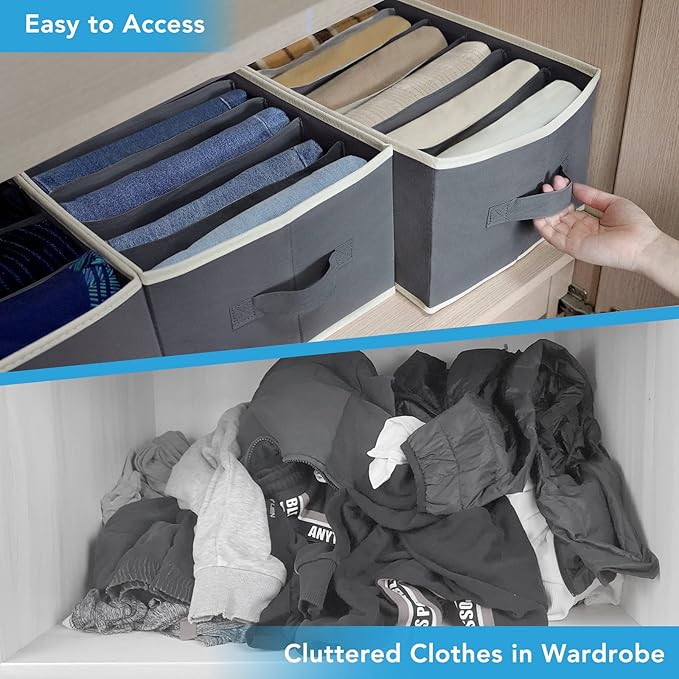 3 Pcs Large Size Wardrobe Clothes Organizers 6 Grids for Pants, Jeans, Sweater, T-shirt, Dress Stackable Closet Drawer Organizer Storage Bin Container with Sturdy Handles, Dark Grey