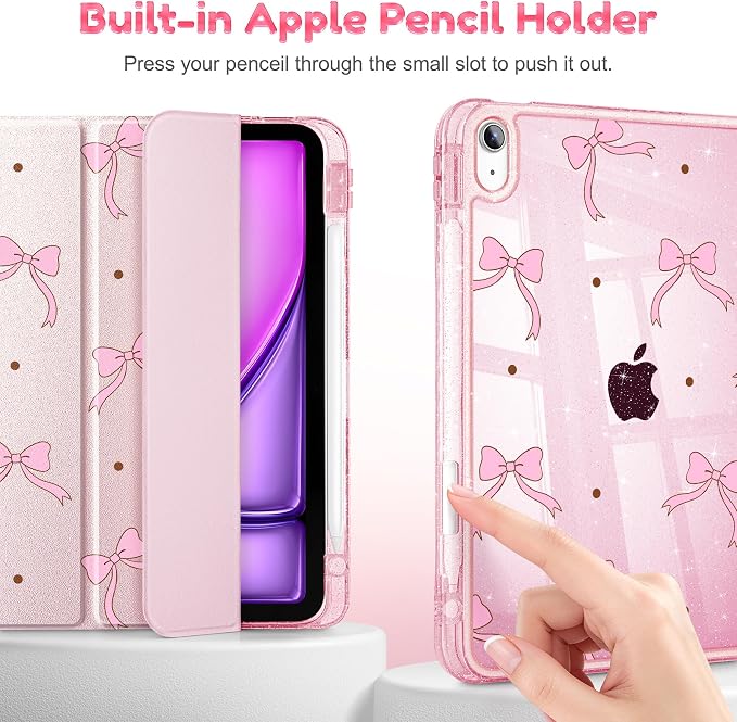 for iPad Air 11 inch M4/M3/M2 (2026/2025/2024) iPad Air 5th/4th Gen (2022/2020) 10.9 inch with Pencil Holder Glitter Clear Pretevtive Cover Auto Wake/Sleep Black Cartoon Stickers