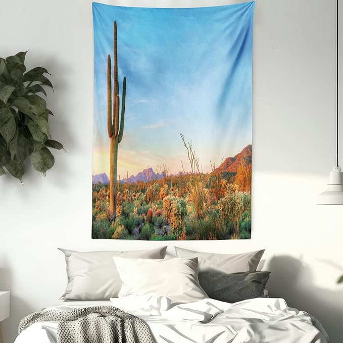Ambesonne Saguaro Tapestry, Sun Goes down in Desert Prickly Pear Cactus Southwest Texas National Park, Fabric Wall Hanging Decor for Bedroom Living Room Dorm, 30" X 45", Orange and Blue