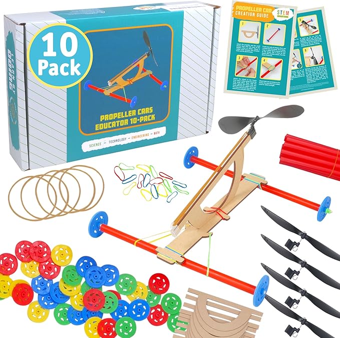 Rubber Band Propeller Car Kit (10 Pack) – DIY STEM Activity for Kids, Complete Science & Engineering Project for Kids, Classroom Bulk Set, Ages 8 and up