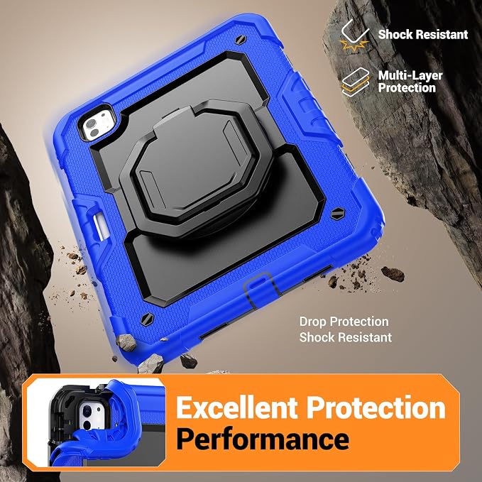 for iPad Pro 11 inch Protective Case M5 2025/M4 2024: Heavy Duty Shockproof Case with Pencil Holder - 360°Rotating Handle/Stand - Screen Protector - Shoulder Strap Black/Sky Blue