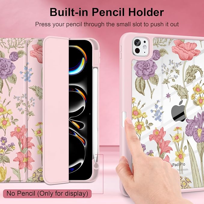 DONGKE for iPad Pro 11-Inch Case (M5 2025 / M4 2024) 6th/5th Generation [Auto Sleep/Wake &amp Pencil Pro Holder] Clear Acrylic Back Smart Trifold Stand Cover Bear &amp Cherry