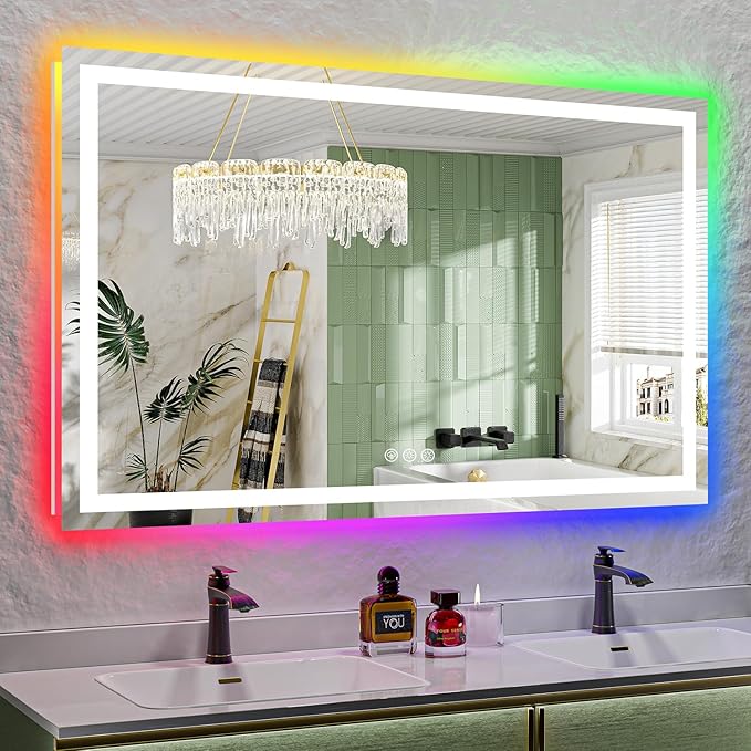 YEELAIT 60x38 Inch RGB LED Bathroom Mirror Front Light and RGB Backlit Lighted Vanity Mirror for Bathroom Wall Mounted Dimmable Anti Fog Memory Shatter-Proof IP54 Waterproof Horizontal/Vertical