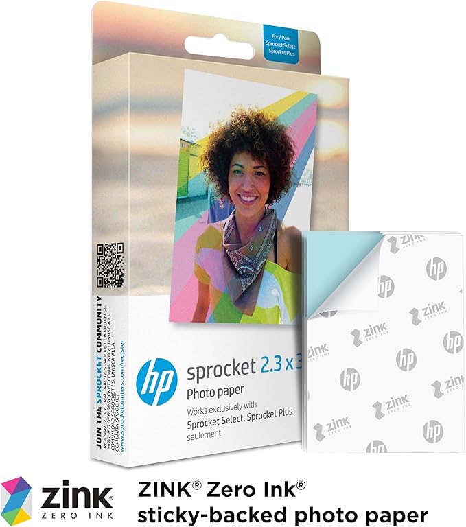 HP Sprocket 2.3 x 3.4" Premium Zink Sticky Back Photo Paper (50 Sheets) Compatible with HP Sprocket Select and Plus Printers.