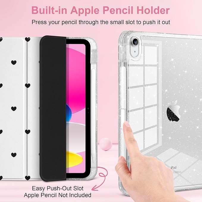 MEEgoodo Case for iPad A16 11th Generation 2025/10th Generation 2022 Glitter Tablet Cases with Transparent Acrylic Back+Trifold Stand +Pencil Holder+Auto Wake/SleepAbstract Sun &amp Palm Tree