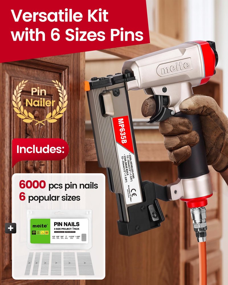 meite MP635B Pin Nailer with 6000 PCS Pin Nails (1/2", 5/8", 3/4", 1", 1-3/16", 1-3/8"), Pneumatic 23 Gauge Pin Nailer, Fits 1/2" to 1-3/8" 23 Gauge Pin Nails, Ideal for Paneling, Small Trim