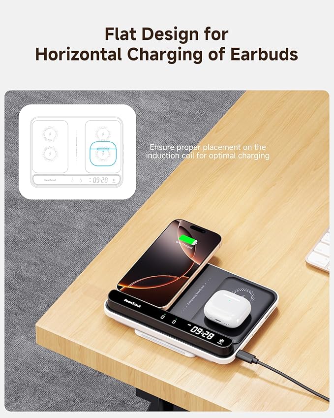 Dual Phone Foldable Wireless Charging Station for iPhone Galaxy Pixel | Dual phone charging Foldable portable stand Dimmable clock Case friendly Raised charging area flat mode for earbuds 504