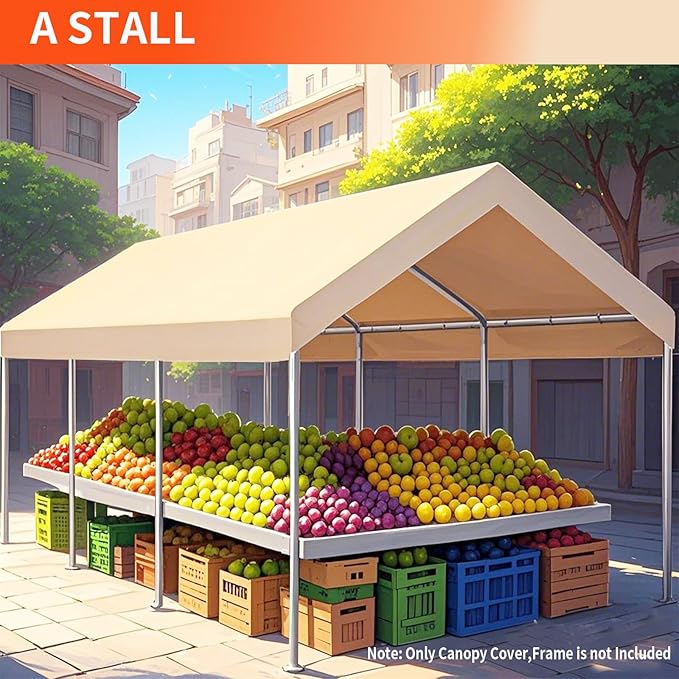 10' x 20' Carport Replacement Canopy Cover for Carport Frame Garage Top Tarp Shelter Tent Party Heavy Duty (Only Top Cover, Frame is not Included) (Beige, 10' x 20')