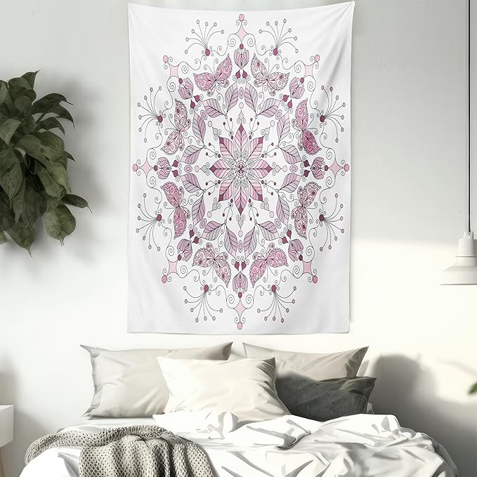 Ambesonne Mandala Tapestry, Lacy Inspired Pastel Floral Motif with Butterfly and Lotus Branches Design, Fabric Wall Hanging Decor for Bedroom Living Room Dorm, 30" X 45", White Pale Pink