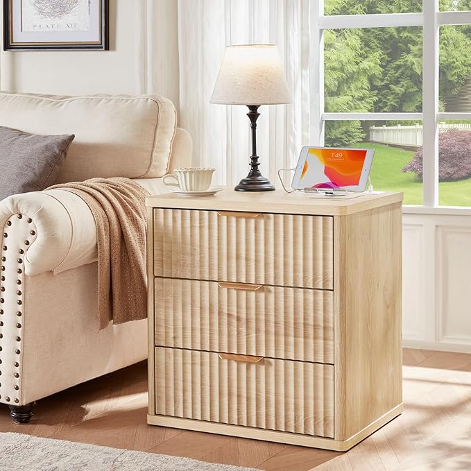 LEYAOYAO Fluted Nightstand Set of 2 with Charging Station,23" Modern Nightstand with Woodgrain Top, 3 Drawer End Table w/Storage, BedsideTables for Bedroom, Living Room, Curved Profile,Wood